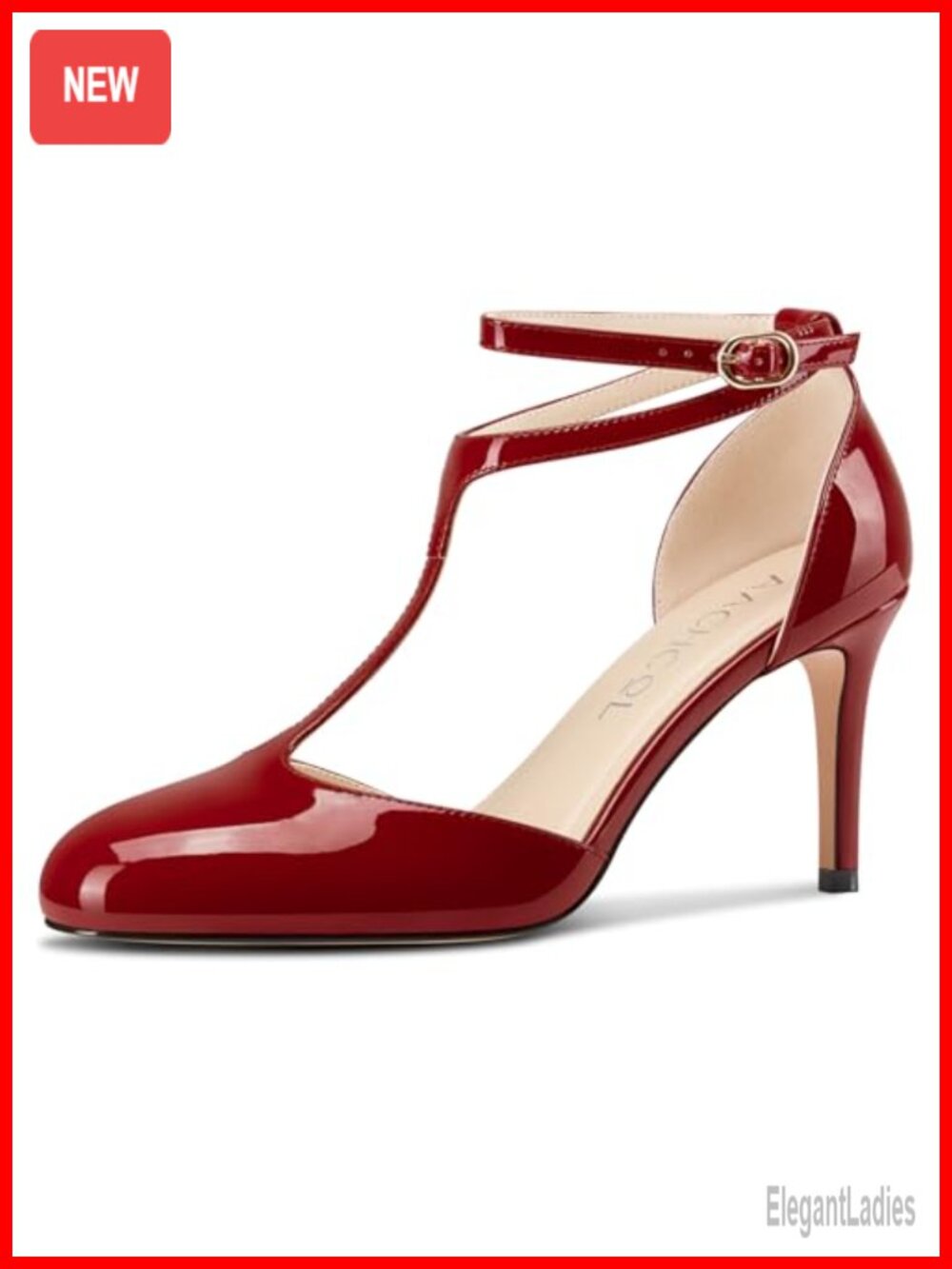 Women's Round Toe T-Strap Stiletto Heels Ankle Strap Mary Jane Pumps 3.2 Inch
